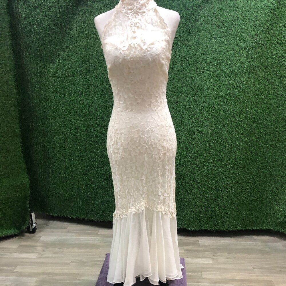 Modern Vintage Hi Lo Lace Wedding Dress, 1920's Flapper Boho Pearl Choker Halter
